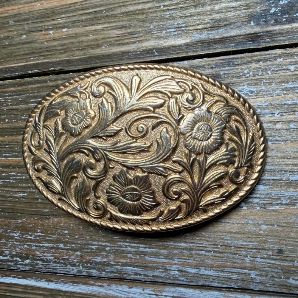 Vintage Floral Boho Festival Gold Tone Oval Western Belt Buckle Sunflower Scroll